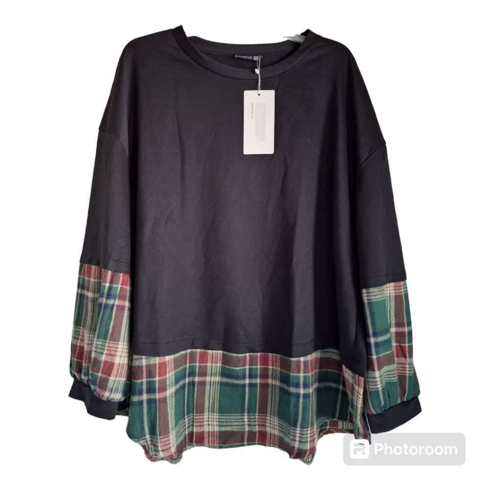 Black Round Neck Jersey with Flanel Accent on Sleeves and Bottom of Jersey